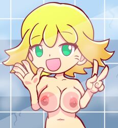 1girls 5_fingers accurate_art_style amitie areolae bathroom big_breasts blonde_hair breast_press breasts breasts_against_glass breasts_on_glass female female_only furii_(artist) glass green_eyes huge_breasts large_breasts lustful_gaze naked nipples nude peace_sign png puyo_puyo puyo_puyo_artstyle puyo_puyo_fever shower smile smiling_at_viewer squish