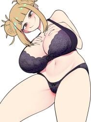 1girls alternate_costume alternate_version_available bellupup big_breasts black_bra black_panties blonde_hair blush bottomwear bra breasts brown_eyes cleavage clothing female female_only himiko_toga huge_breasts lace lace-trimmed_bra lace-trimmed_panties lace_trim matching_underwear my_hero_academia panties short_hair smile solo solo_female spread_legs topwear wide_hips