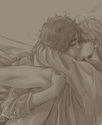 2boys arms_around_neck bottomless closed_eyes embrace gay gintama gintoki_sakata implied_anal implied_sex kiichi_(kzn) kissing leg_grab male male_only monochrome passionate passionate_kiss sakamoto_tatsuma sweat yaoi