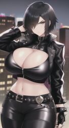 1girls ai_generated black_eyes black_hair city cleavage ember_blaine_(oc) fingerless_gloves hair_over_one_eye huge_breasts latex leather_jacket leather_pants midriff night original_character serious short_hair spiked_bracelet stable_diffusion studded_belt