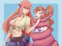 2girls belly_button bishoujo_senshi_sailor_moon breasts cleavage clothed clothes clothing coiling coils female female_only femdom femsub hourglass_figure hypnosis hypnotic_eyes kaa_eyes lamia large_breasts llazuliart long_hair makoto_kino midriff miia_(monster_musume) monster_girl monster_musume_no_iru_nichijou multiple_girls naga navel red_hair sailor_jupiter sailor_senshi_uniform skirt snake_girl yuri