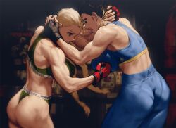 2girls alternate_breast_size back biceps black_gloves blonde_hair braid breast_punch brown_eyes brown_hair cammy_white catfight chun-li clenched_teeth deltoids double_bun face_to_face fair-skinned_female female female_only fight fingerless_gloves flying_sweatdrops from_side gloves glutes grappling green_panties green_sports_bra hair_bun hand_around_neck huge_breasts infi_mt large_ass looking_at_breasts midriff mma_gloves muscular muscular_arms muscular_ass muscular_back muscular_female muscular_thigh open_mouth panties pants punching quads red_gloves saliva sports_bra sports_panties street_fighter training triceps twin_braids underwear_writing yoga_pants