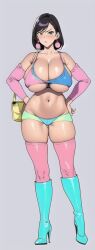 ai_generated annoyed black_hair blue_boots blue_high_heels blue_tank_top curvy curvy_figure earrings green_panties hand_on_hip high_heels huge_breasts looking_at_viewer nai_diffusion pink_earrings pink_sleeves pink_stockings stable_diffusion stripper underboob wide_hips