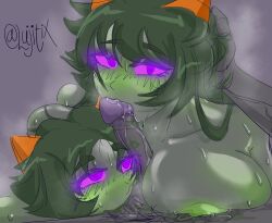 2girls 2girls1boy blowjob blush blushing boobjob homestuck kurloz_makara lujitix meulin_leijon mind_control multiple_girls nepeta_leijon possession purple_eyes sucking_balls sucking_penis sucking_testicles