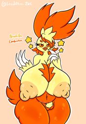 anthro big_breasts breasts brunhilda_(lewdchuu) clawed_fingers claws combusken female generation_3_pokemon genitals hi_res huge_breasts lewdchuu_(artist) navel nintendo orange_body orange_eyes pokemon pokemon_(species) pubes pussy simple_background solo star yellow_body