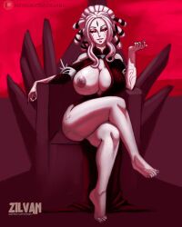 big_breasts dark_magic evil_grin evil_smile inviting_to_sex offering_to_viewer one_breast_out rwby salem_(rwby) seductive seductive_smile temptation white_hair zilvan