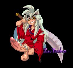 balls big_cock big_dick big_penis black_background bottomless dog_boy dog_ears erect_penis erection frontierbrain gay golden_eyes half_demon hard_on inuyasha inuyasha_(character) katana kimono necklace no_pants pubes pubes_exposed pubic_hair silver_hair smiling smiling_at_viewer stripping sword testicles text veiny veiny_penis white_hair yaoi