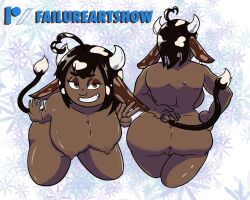 1girls big_ass big_breasts brown_eyes cow_girl dark-skinned_female dark_skin failureartshow female_only horns nose_ring nude original tail