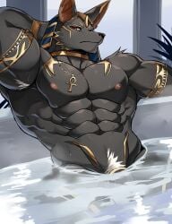 2022 abs anthro anubian_jackal anubis barely_visible_genitalia barely_visible_penis biceps canid canine canis chung0_0 deity egyptian_mythology genitals jackal jewelry male mammal middle_eastern_mythology muscular muscular_anthro muscular_male mythology necklace nipples pecs penis solo water