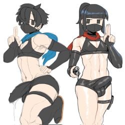 2boys 2d 5_fingers armwear ball_bulge balls_outline big_penis black_elbow_gloves black_hair black_short_shorts black_thigh_strap blue_scraft boots bulge cleavage_cutout crossdressing ear_piercing elbow_gloves excessive_precum femboy femboy_only gay girly girly_boy hand_on_hip hime_cut human human_only hung_trap iyarin_(iyarin) magnus_(mctamagomaki) male male/male male_only mctamagomaki mob_face ninja ninja_mask nunchaku otoko_no_ko otokonoko pale-skinned_femboy pale_skin penis penis_outline ponytail precum_string precum_through_clothing red_scarf rough_sketch scarf shiny_skin short_shorts simple_background simple_eyes thigh_strap tight_clothing toned_body trap weapon white_background