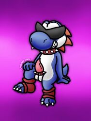 anthro balls boshi collar crmlcd digital_media_(artwork) genitals hi_res krmkng male mario_(series) nintendo nude penis simple_background sitting smile solo spiked_collar spikes super_mario_rpg yoshi