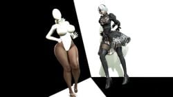 2girls 3d android big_ass big_breasts blindfold busty clothes_swap crossover dark-skinned_female featureless_face haydee haydee_(game) heels honey_select leotard light-skinned_female muscular_female nier:_automata prevence robot robot_girl thick_thighs thighhighs yorha_2b