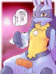 animal_genitalia animal_penis anthro balls blue_body brown_eyes canine_genitalia canine_penis generation_4_pokemon genitals hi_res holding_object japanese_text looking_at_viewer lucario male nintendo open_mouth penis pokemon pokemon_(species) pu_sukebe solo text yellow_body