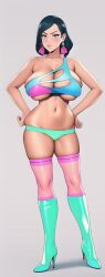 ai_generated annoyed black_hair blue_high_heels blue_tank_top curvy curvy_figure earrings green_boots green_panties hand_on_hip hands_on_hips high_heels huge_breasts looking_at_viewer nai_diffusion pink_earrings pink_stockings stable_diffusion stripper underboob wide_hips