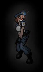 beret bob_cut brown_hair clenched_teeth desperation embarrassed female female_focus female_only have_to_pee jill_valentine knees_together_feet_apart need_to_pee omorashi pants peeing peeing_self police police_hat police_uniform policewoman resident_evil short_hair solo solo_female solo_focus t-shirt uniform urination urine