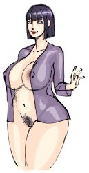 1girls bangs big_breasts boruto:_naruto_next_generations bottomless bottomless_male busty clothed curvy female female_only huge_breasts hyuuga_hinata large_breasts long_sleeves looking_at_viewer naruto naruto_(series) nipples no_bra no_panties plumperpass purple_hair pussy red_lipstick short_hair simple_background thick thick_lips thick_thighs unbuttoned_shirt white_background white_eyes