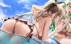 2girls ass bending_over bikini breasts brown_hair bubble_butt ceres_fauna female green_hair hololive hololive_english hololive_english_-council- hololive_english_-promise- large_ass light-skinned_female light_skin long_hair nanashi_mumei naughty_face outdoors piukute062 pool smile thighs virtual_youtuber water wet