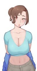 big_breasts blue_shirt blush breasts brown_eyes brown_hair cleavage clothed_female earrings female female fully_clothed game_freak huge_breasts light-skinned_female light_skin lips looking_at_viewer mature_female mature_woman milf mother mother_(pokemon_sv) pokemon pokemon_sv solo solo_female standing vehn