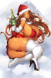 ass bikini boots breasts brown_hair christmas christmas_headwear christmas_tree dark-skinned_female dark_skin gurimjang hat high_heels huge_ass huge_breasts lipstick long_hair miniskirt nipple_bulge original original_character plump skirt thick_thighs thighhighs