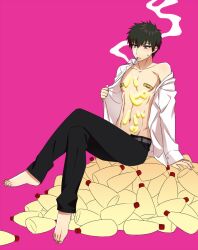 bandaids_on_nipples barefoot black_hair cigarette crossed_legs food food_on_body full_body gintama happy_birthday hijikata_toshiro inukkoro male male_only mayonnaise off_shoulder open_shirt pink_background sitting smoking solo sweatdrop