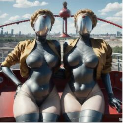 2girls ai_generated artist_request atomic_heart belly big_breasts blonde_hair blue_sky city cowboy_shot curvy day faceless faceless_female facing_viewer female female_only hand_on_hip large_breasts navel no_humans outside plump robot robot_girl shiny_skin sitting sky source_request standing star_(symbol) the_twins_(atomic_heart) thick_thighs wide_hips yellow_jacket