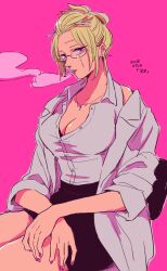 8cco blonde_hair bra_cups_sticking_out cigarette class_3-z cleavage facial_scar female female_only gintama glasses hair_ornament labcoat looking_at_viewer miniskirt nail_polish off_shoulder official_alternate_costume pencil_skirt pink_background pink_nails purple_eyes sitting smoking solo teacher tied_hair tsukuyo unbuttoned unbuttoned_shirt