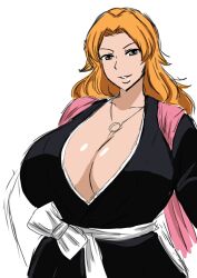 1girls big_breasts black_clothing bleach cleavage female huge_breasts japanese japanese_clothes light-skinned_female light_skin long_hair long_hair_female matsumoto_rangiku momiji_(artist) orange_hair orange_hair_female sash simple_background smile smiling solo_female white_background