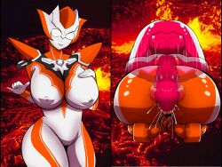 1boy 1girls ass_focus before_and_after creople female female_focus grigio_vs_boy male minato_asahi_(grigio) rape speed_lines ubikitas ultraman_(franchise) ultraman_r/b ultrawoman_grigio vaginal_penetration volcanic_setting volcano