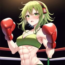 1girls abs ai_generated blush boxing boxing_gloves boxing_ring bra breasts clothing eyebrows_visible_through_hair female female_only green_bra green_eyes green_hair green_sports_bra headphones light-skinned_female light_skin megpoid_gumi muscles muscular muscular_female nervous open_mouth pale-skinned_female pale_skin pixai red_boxing_gloves red_gloves short_hair solo sports_bra sweat sweating vocaloid