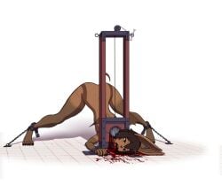 anthro blood bodily_fluids conquistabear death decapitation female female_death gore guillotine lagomorph leporid mammal nude rabbit simple_background snuff solo white_background