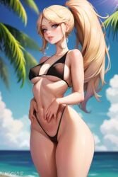 ai_generated beach bikini black_bikini blonde_hair cameltoe medium_breasts nipples_visible_through_clothing string_bikini swimsuit swimwear tagme unsensir