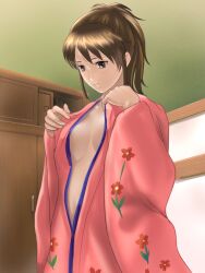 2015 brown_eyes brown_hair cleavage female female_only gintama horitakeishi indoors inner_sideboob kimono no_bra open_kimono ponytail shimura_tae solo undressing