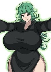 1girls big_breasts big_thighs black_suit female green_aura green_eyes green_hair large_hair looking_at_viewer momiji_(artist) one-punch_man smiling solo solo_female tatsumaki white_background