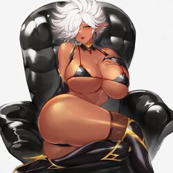 1girls ass big_ass big_breasts bikini black_elbow_gloves black_thighhighs black_thong breasts brown-skinned_female brown_skin busty chair dark-skinned_female dark_elf dark_skin earrings elbow_gloves elf elf_ears gurimjang hair_over_one_eye high_heels huge_breasts humanoid micro_bikini micro_bikini_top nipple_bulge original original_character pointy_ears red_earrings short_hair silver_hair simple_background sitting sitting_on_side skimpy solo solo_female thick_thighs thighhighs thong white_hair yellow_eyes