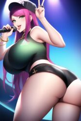 ai_generated bent_over black_short_shorts blue_eyes cap curvy curvy_figure gigantic_breasts green_tank_top huge_ass huge_breasts looking_at_viewer microphone nai_diffusion peace_sign purple_hair shiny_clothes shiny_hair shiny_skin short_shorts singing stable_diffusion sticking_ass_out tank_top thick_thighs tongue_out voluptuous wide_hips