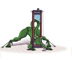 argonian bethesda_softworks chains conquistabear female guillotine imminent_death looking_at_viewer predicament_bondage scalie simple_background smile solo the_elder_scrolls white_background