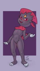 absurd_res anthro athletic athletic_female blush claws female flat_chested front_view fur generation_4_pokemon genitals hi_res looking_at_viewer neatnick nintendo open_mouth pokemon pokemon_(species) pose pseudo_hair purple_background purple_body purple_fur pussy red_eyes simple_background smile solo standing weavile