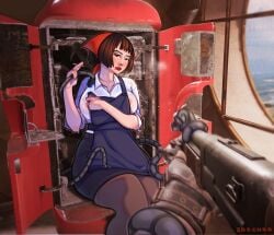 art ass athletic_female atomic_heart big_ass big_butt brown_hair cigarette cigarette_smoke fanart female female_focus female_only games nora_(atomic_heart) nsfw office_clothing red_eyes robot robot_girl robot_humanoid saechko short_hair tentacle white_skin