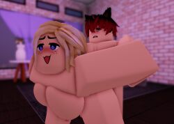 1boy 1girls 3d abs arm_grab black_and_red_hair blonde_hair blue_eyes breasts commission completely_nude female freckles green_eyes male nude request roblox robloxian self_upload silvereyes standing standing_doggy_style standing_sex taken_from_behind