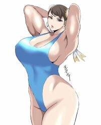 1girls big_breasts blue_leotard breasts brown_eyes brown_hair capcom chun-li clothing ear_piercing earrings female female_only fully_clothed hair hair_bun huge_breasts leotard lips muscles muscular muscular_female shibusun solo solo_female street_fighter thick_lips thighs