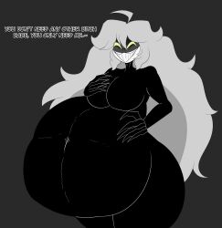 .. belly black_skin breasts female_pred friday_night_funkin hangrydemon looking_at_viewer smiling the_trollge_files thick_thighs thighs trollge_gf_(fnf) vore white_hair white_skin yellow_eyes