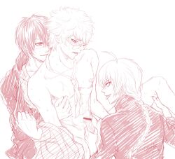 3boys bandaids_on_nipples bar_censor braid braided_hair censored class_3-z erection eye_patch gakuran gintama gintoki_sakata glasses handjob kamui_(gintama) long_hair_male male male_only mmm_threesome monochrome necktie official_alternate_costume penis school_uniform single_braid sketch smile smirk spread_legs sweat takasugi_shinsuke teacher teacher_and_student threesome toned toned_male tongue_out yaoi