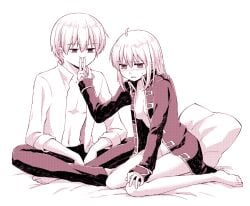 1boy 1girls after_sex barefoot blush bottomless cleavage embarrassed female full_body gintama hair_down kagura_(gintama) male medium_hair monochrome no_bra okita_sougo on_bed open_shirt police_uniform screentone shinsengumi_(gintama) sitting small_breasts strawberry_ankoko teen_boy teenage_girl teenager wariza wearing_others_clothes