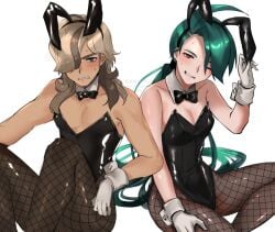 1boy 1girls arven_(pokemon) asada_sadao both_sexes_in_same_situation bunny_ears bunnysuit embarrassed femboy green_hair pokemon pokemon_sv rika_(pokemon) uncensored