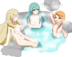 3girls abs aqua_hair arcsin arm_support bare_arms bare_legs blonde_hair blue_hair breasts celine_(fire_emblem) chloe_(fire_emblem) closed_eyes completely_nude etie_(fire_emblem) female female_only fire_emblem fire_emblem_engage green_eyes large_breasts lifting long_hair medium_breasts multiple_girls nintendo nude nude_female onsen orange_hair outdoors partially_submerged pussy rock sitting small_breasts smile steam very_long_hair