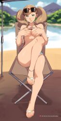 1girls alternate_version_available ann_takamaki atlus barefoot beach blonde_hair covering_breasts earrings feet female female_only flip_flops legs light-skinned_female looking_at_viewer persona persona_5 persona_5_scramble:_the_phantom_strikers sandals shirt_up solo squeezable sunglasses sunglasses_on_head toes