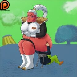 1boy 1boy1girl 1girls armor ass big_ass big_breasts big_butt bonyu breasts dragon_ball facesit facesitting femdom huge_ass huge_breasts huge_butt human_chair nightmarexbx oc original original_character original_characters red_skin white_hair