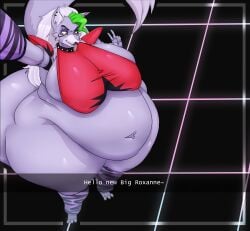 anthro big_breasts breast_expansion breasts digestion fat female five_nights_at_freddy's five_nights_at_freddy's:_security_breach huge_breasts looking_at_self looking_down obese obese_female overweight overweight_female roxanne_wolf_(fnaf) tagme tongue tongue_out ujanskiy v v_sign vore weight_gain