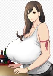 1girls big_breasts black_legwear breasts breasts_bigger_than_head brown_hair clothed female female_only final_fantasy final_fantasy_vii gigantic_breasts lipstick looking_at_viewer red_eyes ridiculous_breast_size ridiculous_proportions smile smiling smiling_at_viewer tank_top tifa_lockhart white_shirt