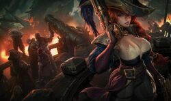 3rd_party_edit alternate_breast_size blue_eyes cleavage edit female female_focus gun huge_breasts league_of_legends leggings light-skinned_female long_hair looking_at_viewer miss_fortune official_artwork_edit pirate pout pouting red_hair riot_games sarah_fortune sutton184_edits thick_lips thick_thighs wide_hips